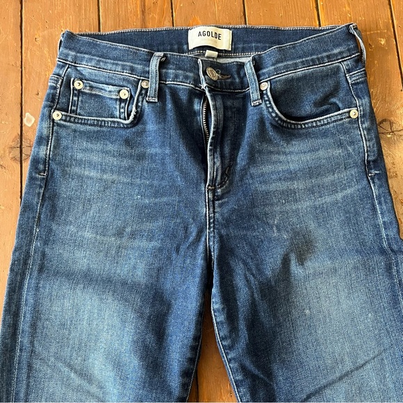 Agolde Sophie high-rise crop skinny jeans in a blue wash with a raw hem - Picture 2 of 8